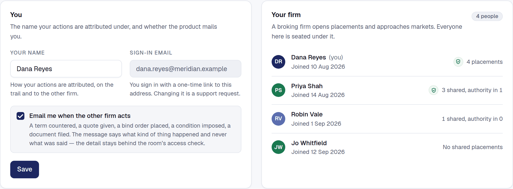 The settings page: a person’s name and notification preference on the left, and on the right the firm roster with each colleague’s shared placements and where they hold binding authority.