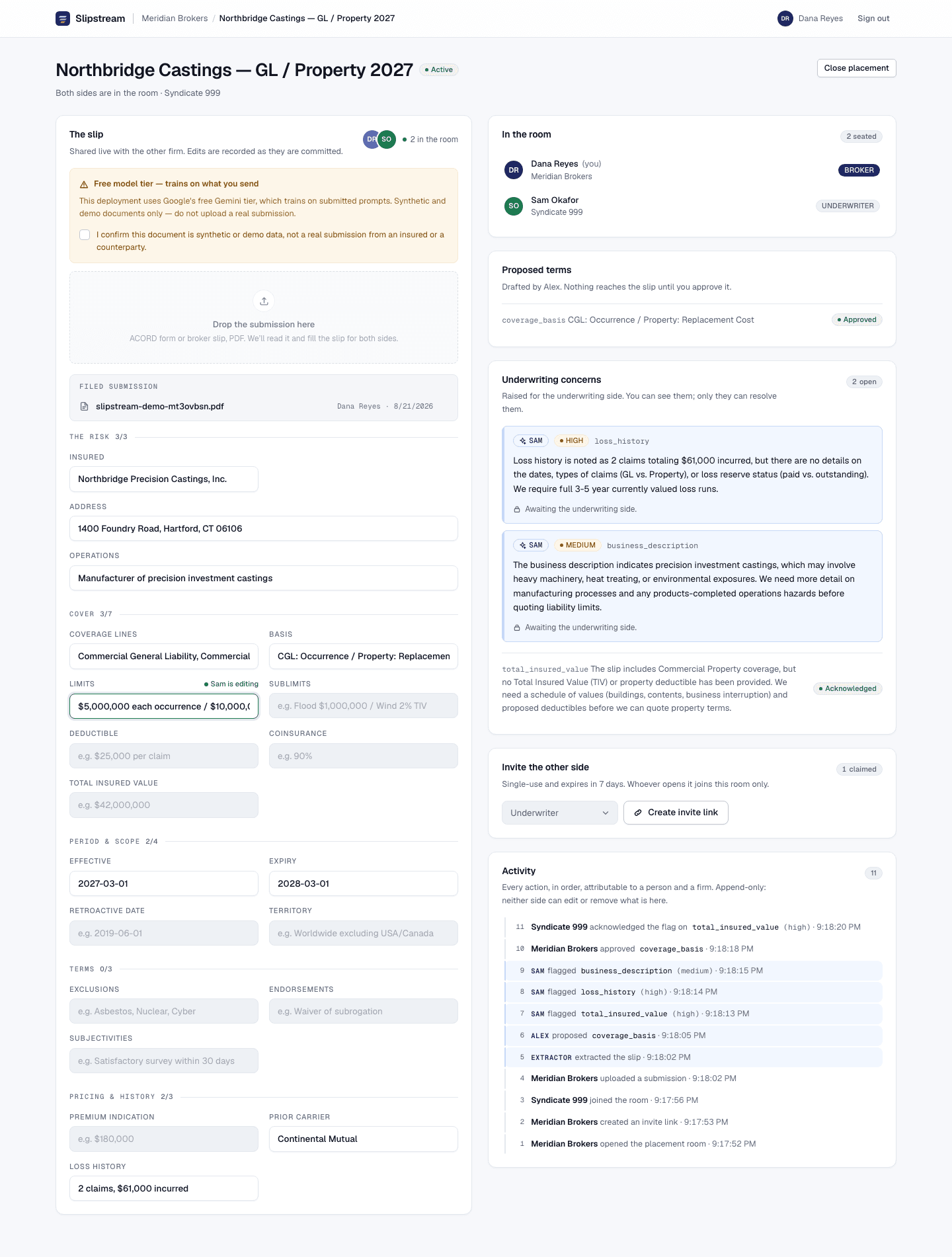 A Slipstream placement room: the shared slip with twenty negotiated fields on the left, and on the right the room roster, terms proposed by the broker-side assistant awaiting approval, underwriting concerns raised by the market-side assistant, and the ordered audit trail.
